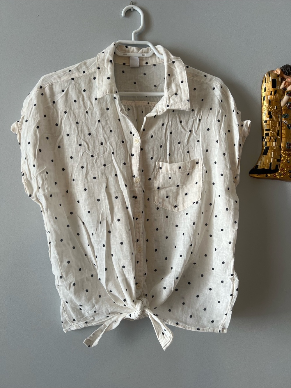 Old Navy Linen/Cotton Women's Cream Polka Dot Tie-Front Button Shirt size XL